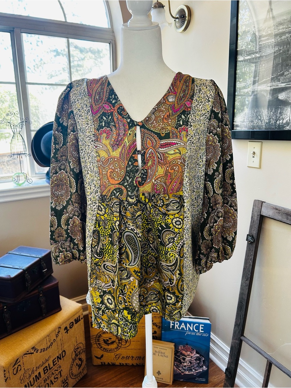 Paisley Patchwork V-Neck Tunic Top - Multicolor